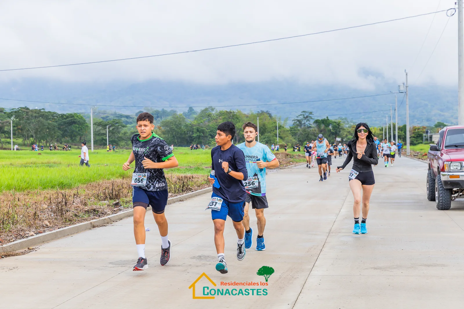 Corredores avanzando por una ruta rodeada de paisaje verde